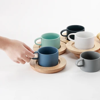 

Brief Style Coffee Mug Pure Natural Oak Wooden Tray Holder Set Frost Textured Macaroon Colourful Ceramic Cafe Tea Espresso Cups