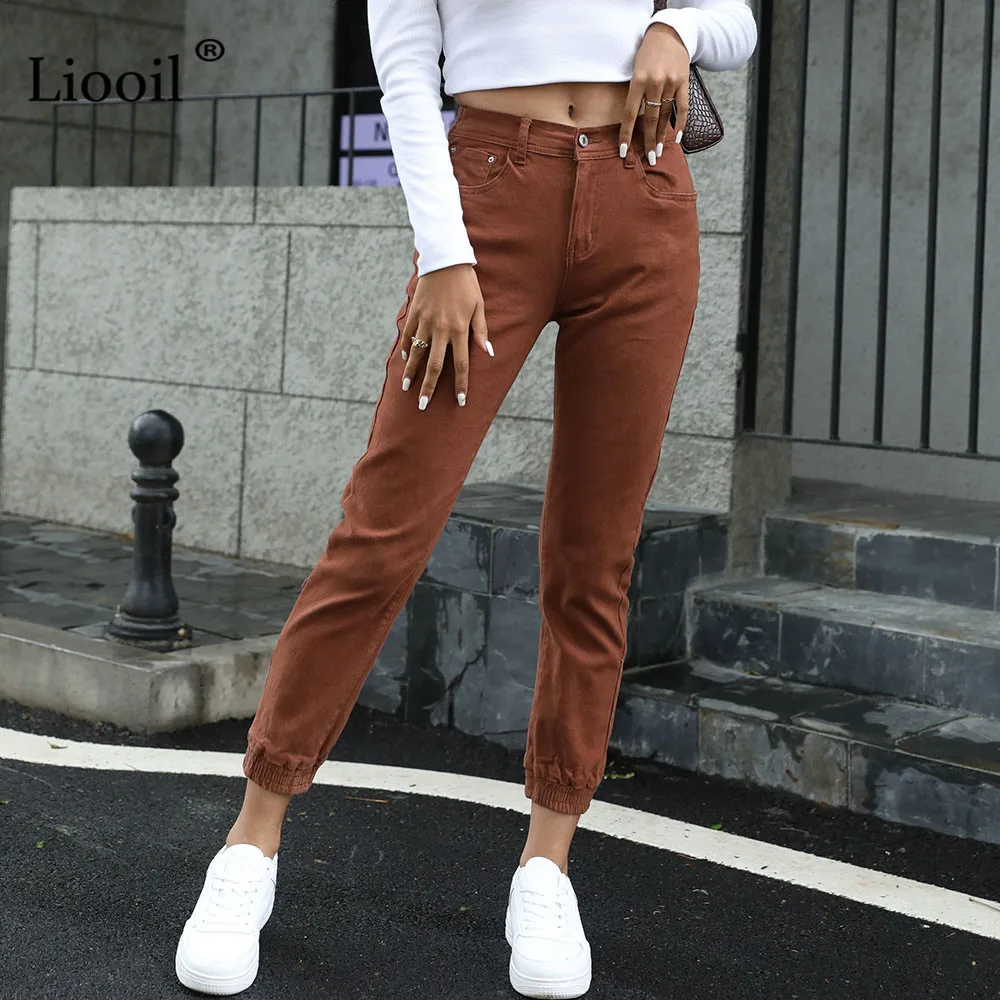 Liooil Streetwear Cotton Elastic Waist Brown Jean Pants Women Denim Trousers With Pockets 2022 Spring Womens Stretch Sexy Jeans paige jeans