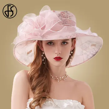 

FS Pink Hat Ladies Fascinator Hats Organza Kentucky Derby Hats For Women Church Flower Wedding Wide Brim Hats Fedora