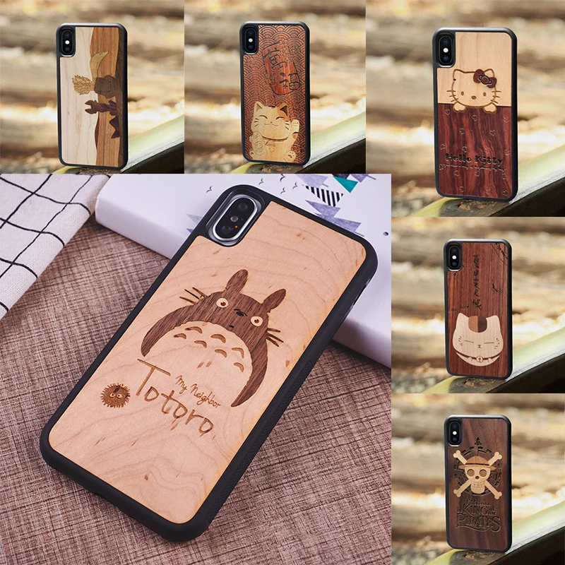 

Wooden phone case for iPhoneXS Max My Neighbor Totoro HelloKitty cat all-inclusive soft shell iphone7 8 plus 6 6s xr x