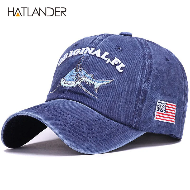HATLANDER Модная хлопковая бейсбольная Кепка с вышивкой Акула мужская шляпа винтажная Спортивная шляпа Открытый gorras регулируемая хип-хоп кепка