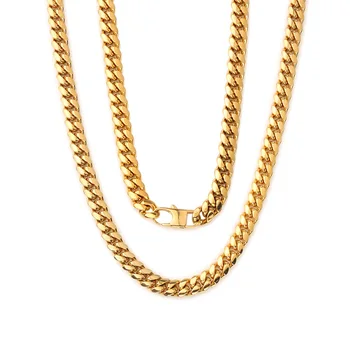 

10mm width Men's Hip Hop Gold Tone Stainless Steel Miami Curb Link Chain Necklace or Bracelet 7-40"