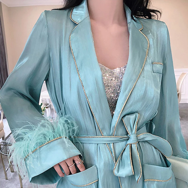 price reduction  [LIVIVIO] Feather Coat Female Long Sleeve with Sash Lace Up Waisted Women's Jacket 2019 Autumn Fash