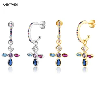 

ANDYWEN 925 Sterling Silver Colorful Zircon Cross Drop Earring Big Circle Round Women Rock Punk Fashion Jewerly Crystal Jewelry