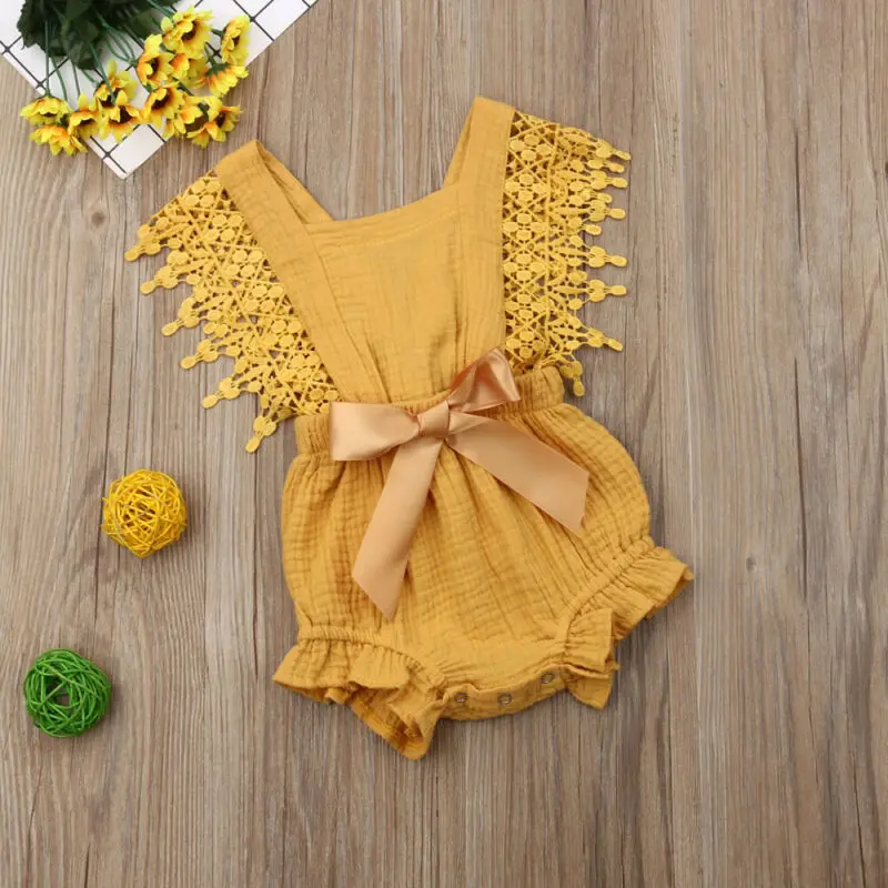 New 0-24M Newborn Toddler Girl Clothes Summer Ruffle Bodysuit Short Sleeve Lace Linen Cotton Jumpsuit Bow Bodysuit Clothing - Цвет: Цвет: желтый