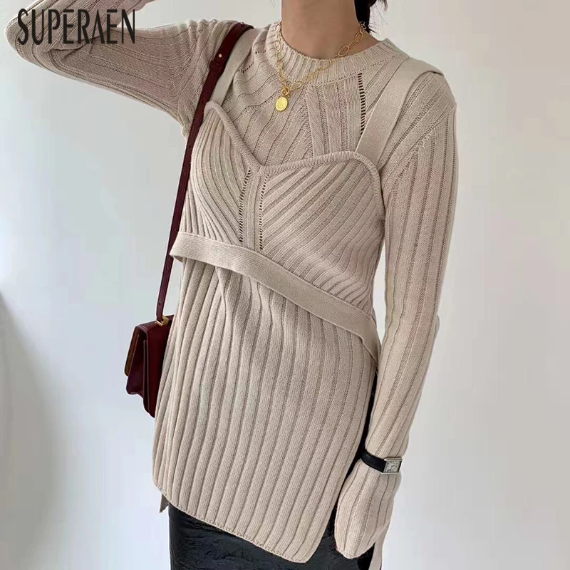 

SuperAen Korean Style Pullovers Sweaters Women Two Pieces Wild 2019 Autumn and Winter New Ladies Sweaters Solid Color Knit Tops