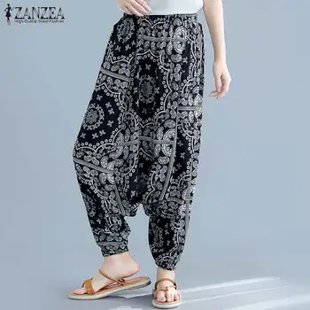 

ZANZEA 2020 Women Elastic Waist Wide Leg Trousers Floral Printed Pantalon Autumn Bohemian Drop Crotch Pants Beach Harem Pants