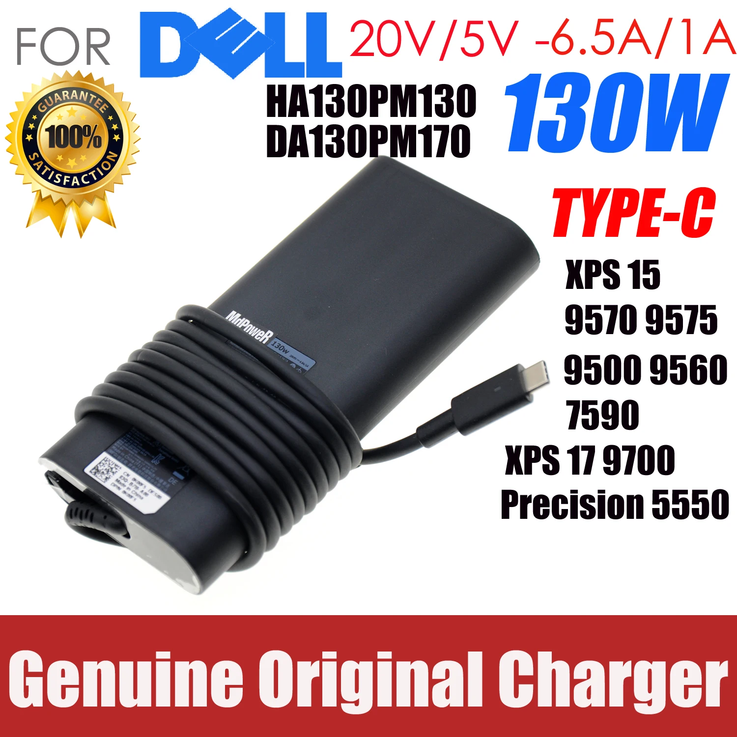 Caricabatterie Per Laptop Originale 130W Tipo C 20V 6.5A Per Dell Xps 15 9570 9575 Da130Pm170 Ha130Pm170 M0H25 0 M0H25 0 K00F5 Alimentatore
