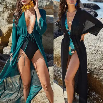 

Womens Chiffon Maxi Long Swimsuit Bikini Cover Up Batwing Sleeves Translucent Sunscreen Beach Robe Open Front Cardigan