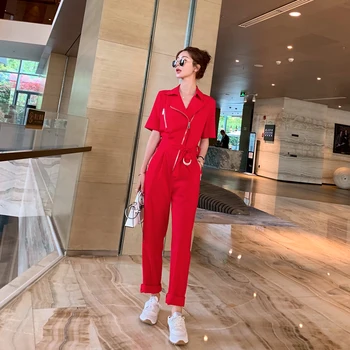

2020 Summer Women Short Sleeve Zipper Sashe Red Jumpsuit One Piece Straight Pants Female Streetwear HipHop Trouser Overalls DF01