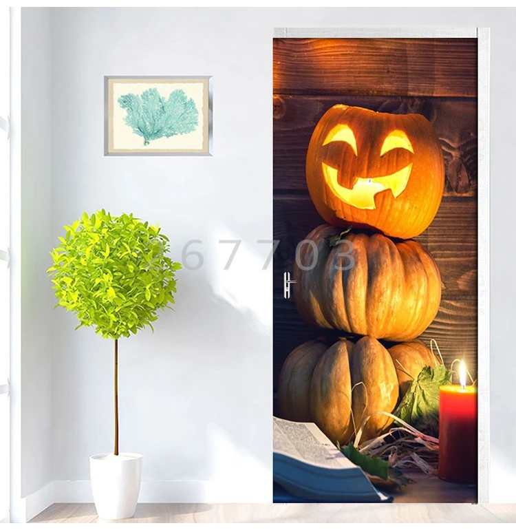 3D светильники в виде тыквы на Хэллоуин наклейка на дверь обои ПВХ водонепроницаемый самоклеющиеся Декор для гостиной наклейка Съемная 3D Фреска