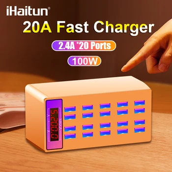 

iHaitun 100W 20A USB Charger LED Display Fast Multi Dock Station Power Desktop Quick Adapter For iPhone 11 Pro Max Mobile Phone