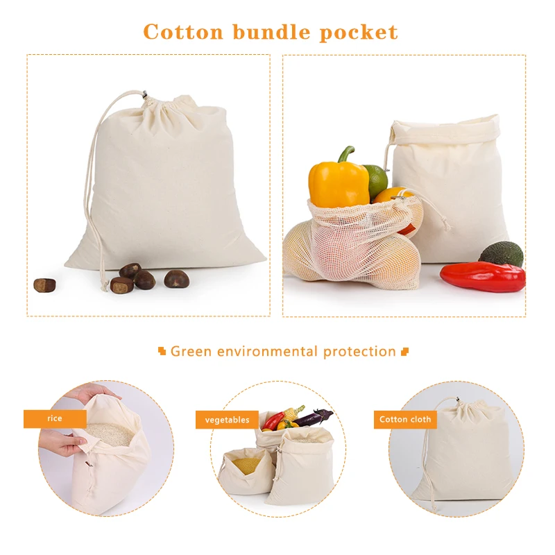 9 Pack Reusable Cotton Produce Bag Women Soft Cotton Shopping Bags for Vegetable Fruit Rice Bread Pre-Washed Tote Storage Bags