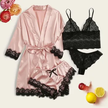 

пижама 4PC Women's Lace Satin Nightgown, Lace Sling Panties, Silk Shorts Pajama Pants Set, Value Comfortable Sexy Pajamas F04