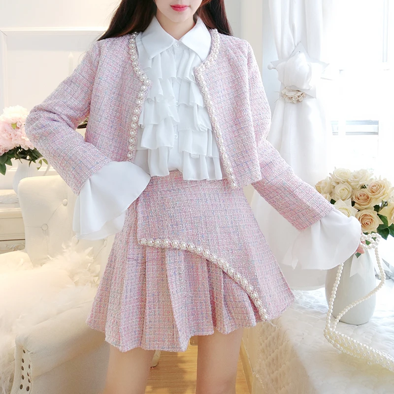 Pink Tweed Suit 2023 Women Fall Winter Luxury Pink Tweed Jacket + Ruffle  Mini Skirt Elegant Women 2 Piece Suit Korean Skirt Set - AliExpress