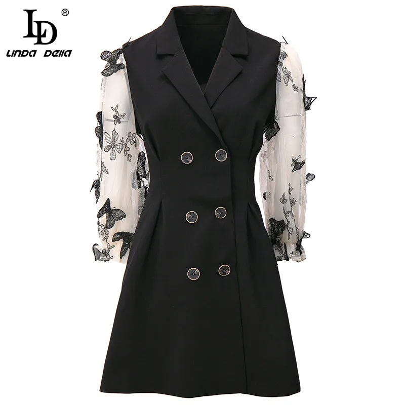 

LD LINDA DELLA Autumn Office Ladies Casual Mini Dress Fashion Designer Ladies Tulle Lantern sleeve Shirt style Black Short Dress