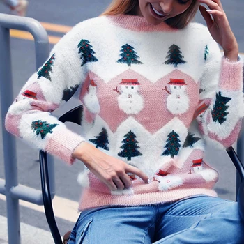 

Women Printing Christmas Snowman Sweater Round Neck Lady Knitting Sweater Women's Easy Knitting Sweater Hot Sale New