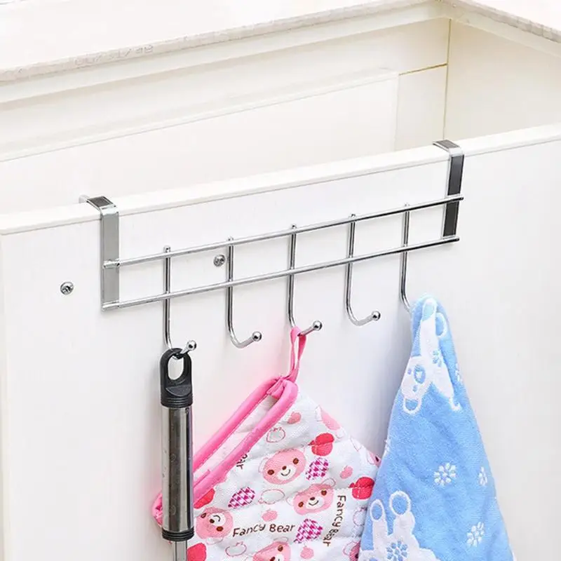 Creative Stainless Steel Nail-free Door Hanger Rack 5 Hooks Clothes Hanging Holder Bathroom Kitchen Storage Organization