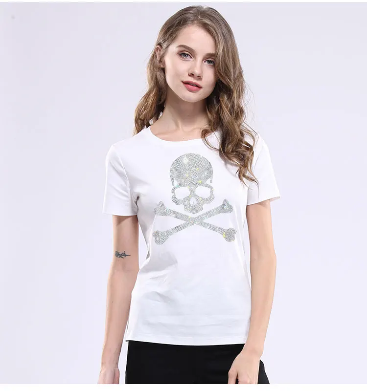 Модная футболка женская Blusa Мягкий хлопок футболки сверкающие алмазы с принтом «череп» Футболка harajuku короткий рукав женская одежда