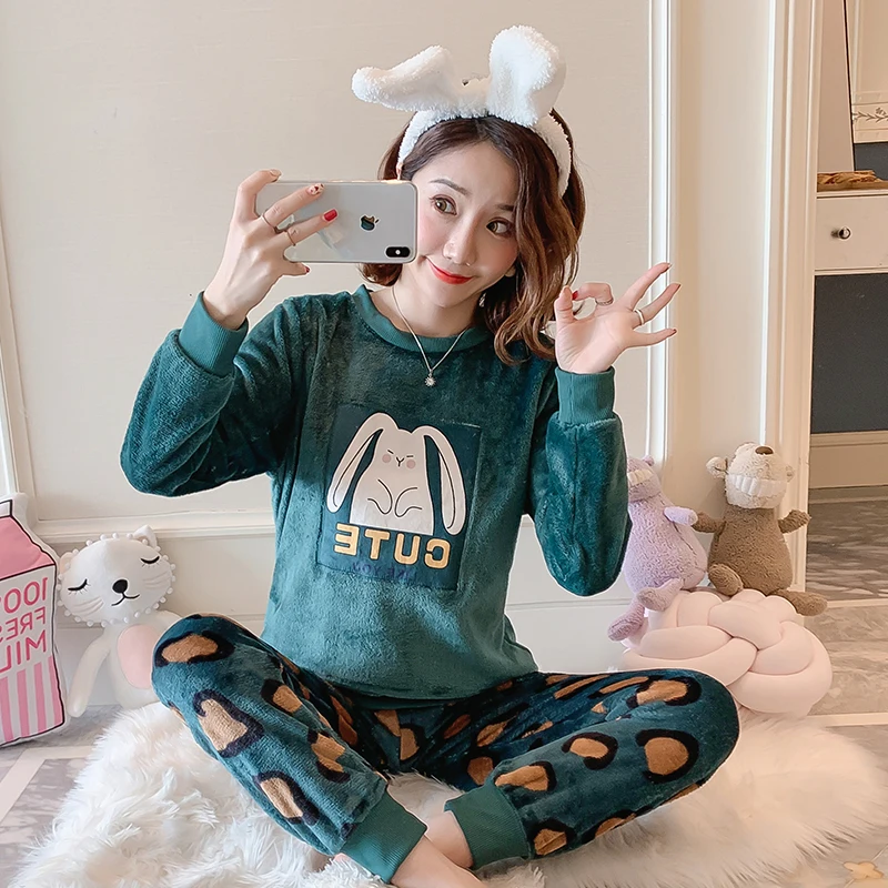 

New Women Gift Adult Flannel Pajamas Sets Winter CartoonThick Warm Flannel Women Pyjama Sets Cute Sleepwear for Ladies Nightwear