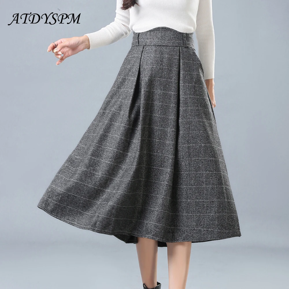 

British Style Plaid High Waist Midi Skirts Women A Line Pleated Woolen Skirt 2019 Autumn Winter Women Casual Tartan Skirts