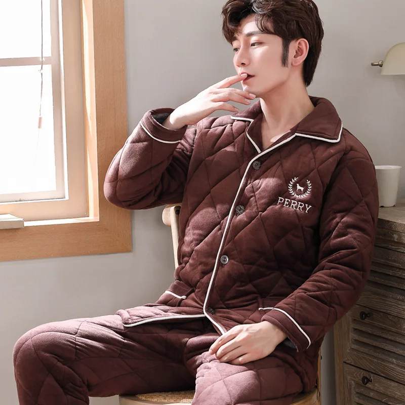 

Men Pajamas Winter Thick plus Velvet Padded Coral Velvet Flannel Winter Style Three Layer Homewear Set 482