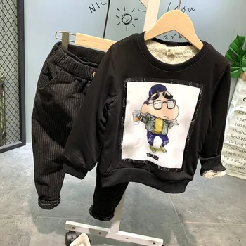 

2PCS WLG boys winter clothing set kids cartoon velvet thick hoodie and pant set baby boy warm casual clothes 2-7 years