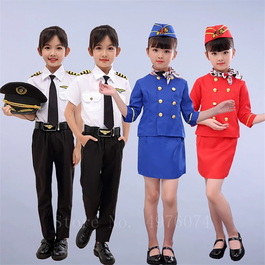 

Children Flight Attendant Boys Pilot Cosplay Costume Halloween Fancy Party Gift Stewardess Air Force Masquerade Clothing Set