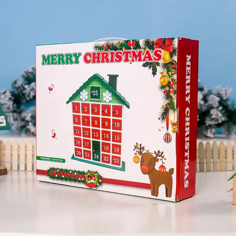 Рождественский деревянный дом обратного отсчета Адвент календарь Рождество коробка для хранения 6XDD