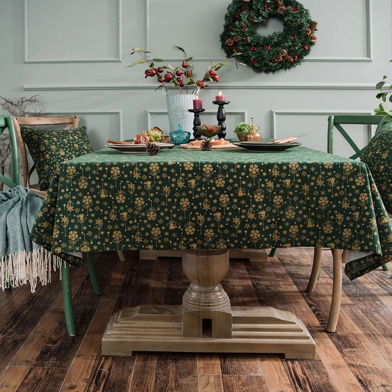  Green Gold Christmas Tree Table Cloth Cover Cotton Linen American Style Tablecloth for Festival Hom