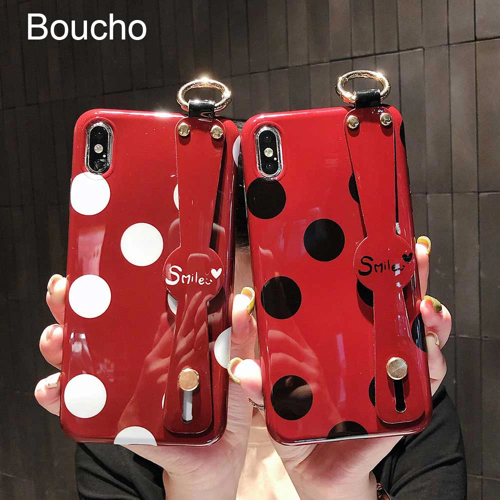 

Boucho Fashion Wave Phone Case with Wrist Strap For iphone Xs max XR X Red Case for iphone 6 6s 7 8 plus TPU Couple Cover