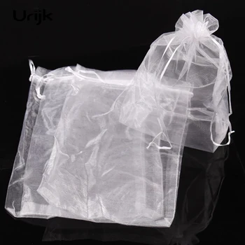 

Junejour White Organza Wedding Gift Bag Birthday Yarn Bag With Handles Party Candy Pouches Jewelry Storage Display Quality 50PCs