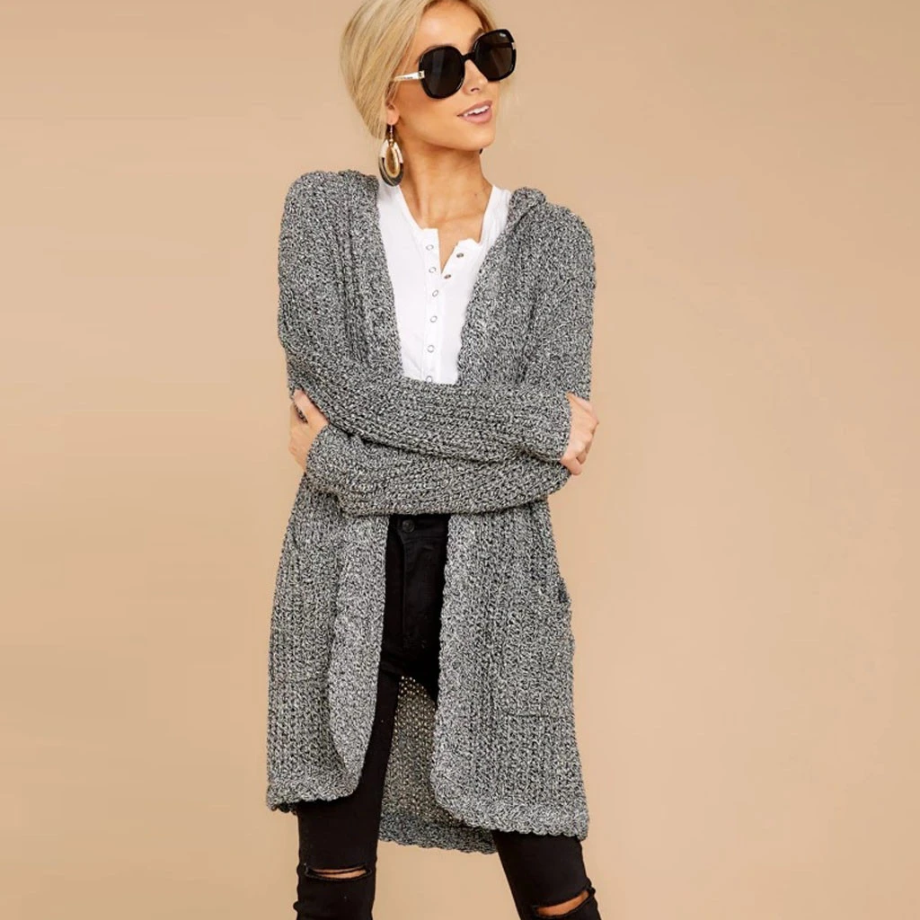 JAYCOSIN New Womens Sweater Womens Long Sleeve Hooded Knitted Cardigan Sweater Pocket Coat Hoodies Outwear Ladies Girls 726