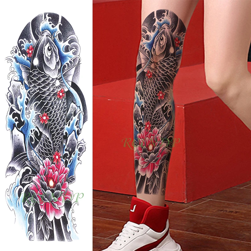 Waterproof Temporary Tattoo Sticker carp fish Japanese style water flower full arm fake tatto flash sleeve tatoo for men women | Красота и