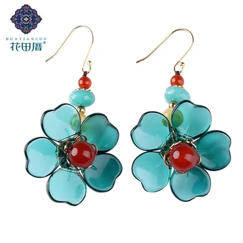 

Blue Glass Flower Red A gate Bead Ethnic Dangle Earring Yellow Shell Bead Gold Plated Ear Hook Woman Jewelry EZ-18036