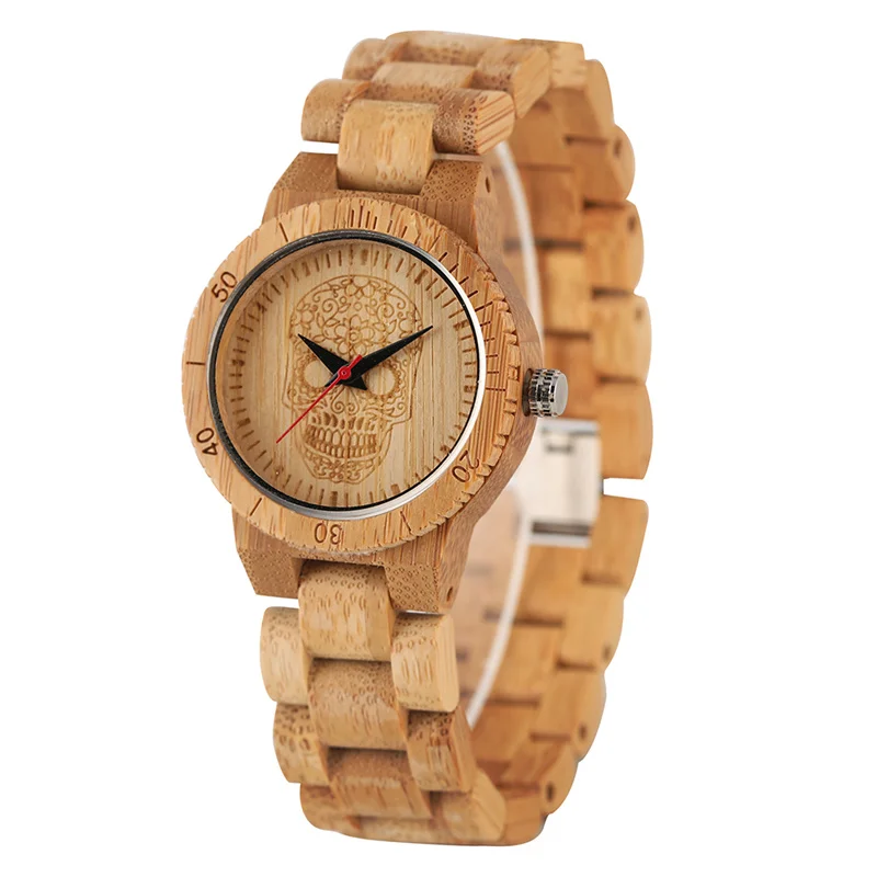 Vintage Wooden Clock Compass Skull Dial Lady Wrist Watches Quartz Analog Movement Clock Fashion Wood Bangle Full Bamboo Strap