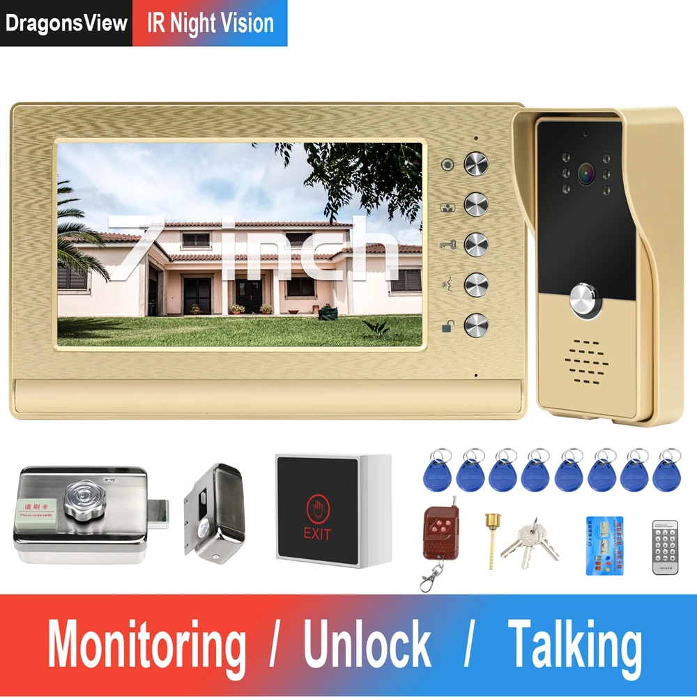 Videoportero con cable y Cerradura Para Puerta del hogar, intercomunicador con Monitor de 7 pulgadas, bloqueo electrónico RFID, Kit de sistema de Control de acceso