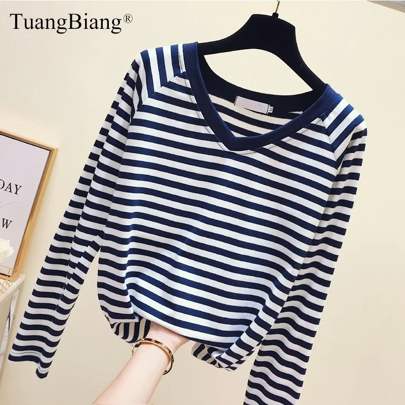 

Women Slim Autumn V-Neck Striped T Shirts 2019 Ladies Long Sleeve Winter Cotton t-shirts femme White Green Sexy elegant New Tops