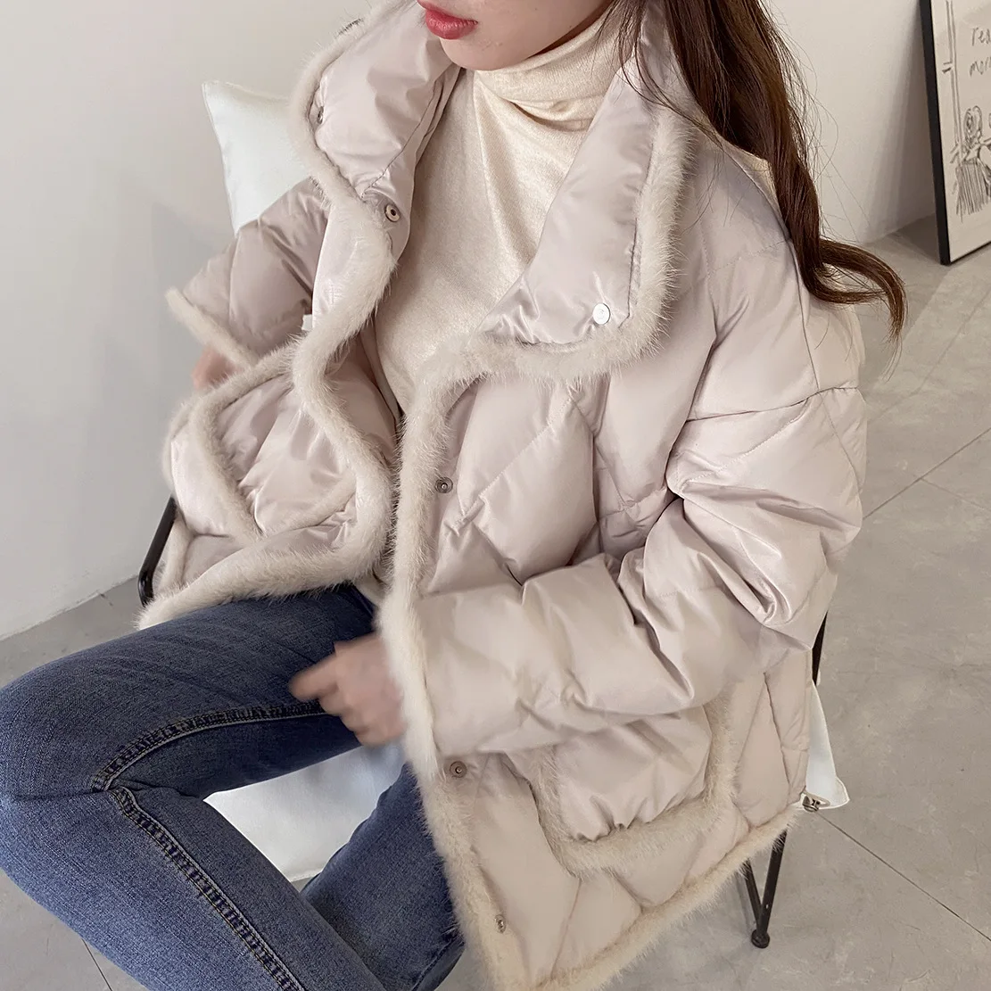 

Winter Women's Casual Oversize Coat New Mink Fur Splicing Korean 90% White Duck Down Long Sleeve Thickened Fashion Down Jacket