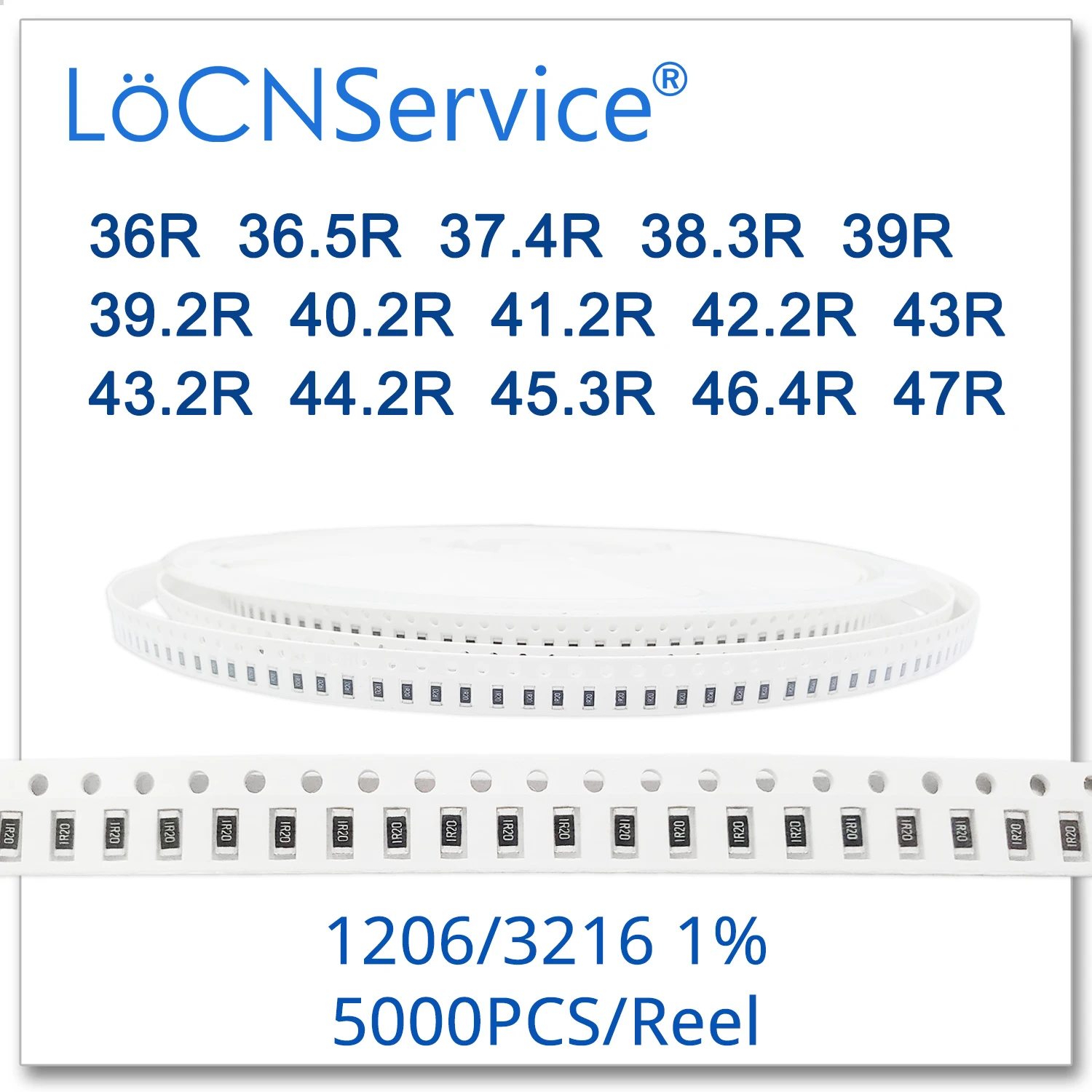LoCNService 1206 1% 5000 шт. 36R 36.5R 37.4R 38.3R 39R 39.2R 40.2R 41.2R 42.2R 43R 43.2R 44.2R 45.3R 46.4R 47R 3216 резистор Ом |
