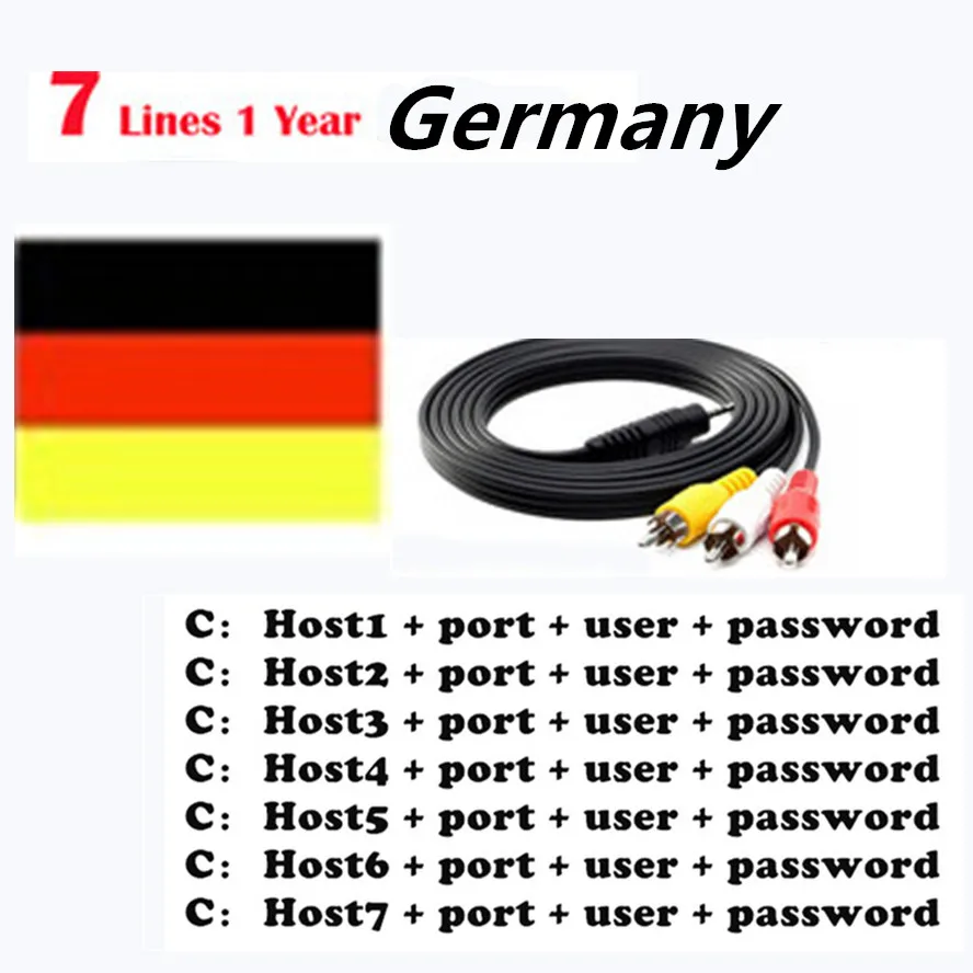

Special for Germany Europe 7 lines HD AV Cable for Satellite Receiver Cccam lines of 1 year DVB-S2 Europe clines for Free Sat