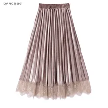 Женская юбка миди из лоскутного кружева и бархата, осень, высокая талия, Faldas Mujer, плиссированная юбка для женщин, Saias Longa