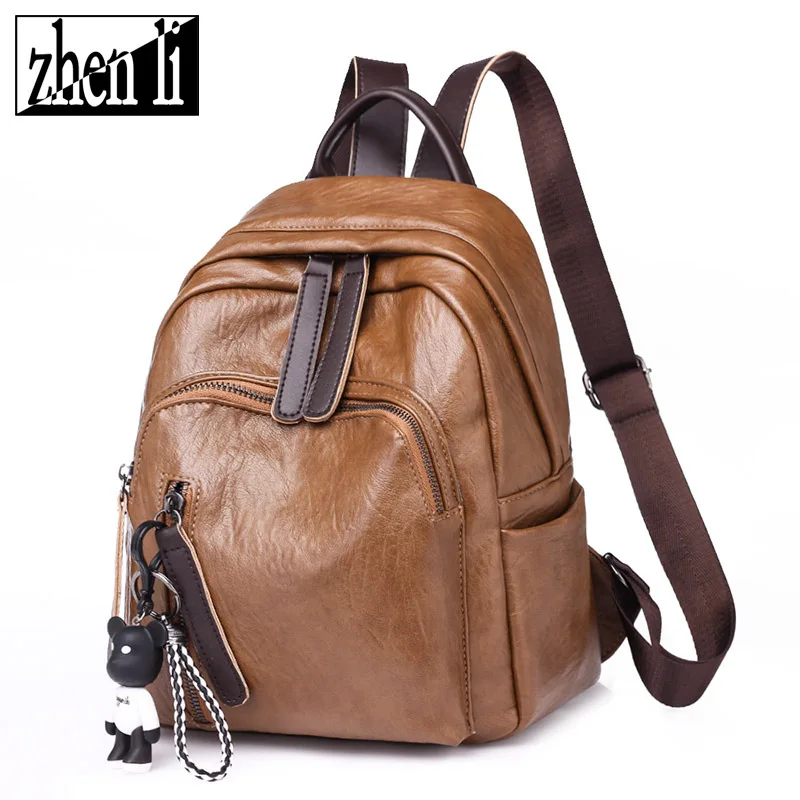 

2019 New Style PU Leather Bear Pendant Solid Color Fashion Girls Backpack Harajuku-Style Popular WOMEN'S Backpack