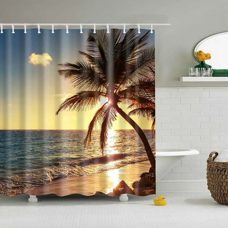 Green Tropical Plants Shower Curtains for Bathroom Polyester Seaworld Shower Curtain Printing Curtain Beach Curtains 1PC