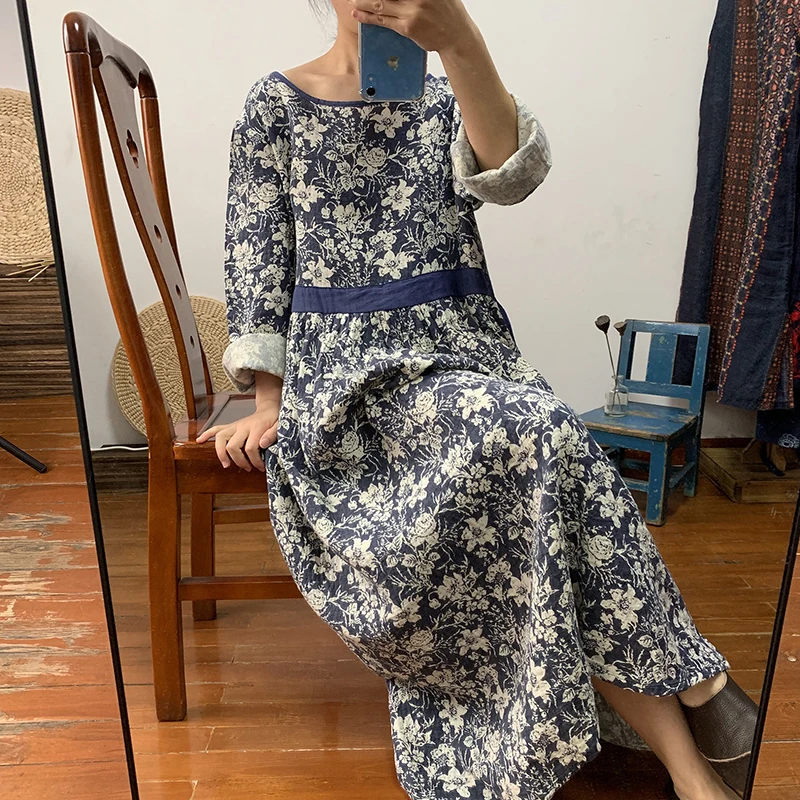 

Real art retro double layer cotton yarn pattern dress long skirt tie waist to show thin super long large pendulum skirt spring