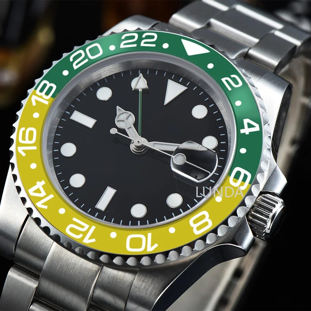 

Watch automatic movement GMT men 40 mm sapphire fiberglass strap rotating bezel black dial luminous hand aluminum bezel R6