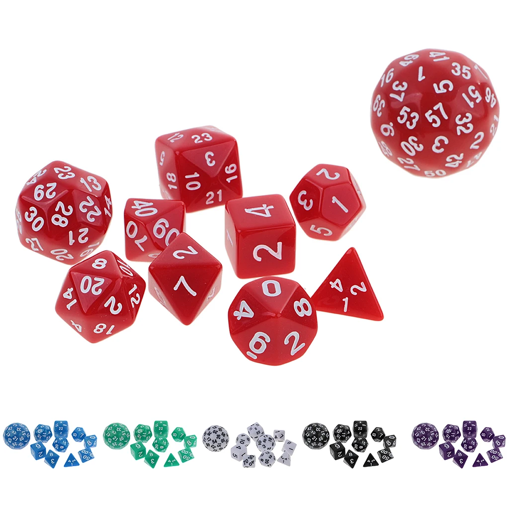 10pcs Dice Set-D4, D6, D8, D10, D12, D20, D24, D30, D60 Acrylic Dice Choice of 6 Color