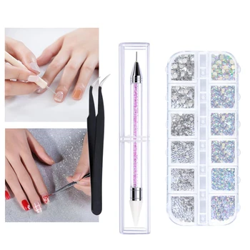 

Crystals AB Multishape Shiny Tips 3D For Clothes Decorations Dotting Pen With Tweezer Flat Back DIY Nail Art Rhinestones Set