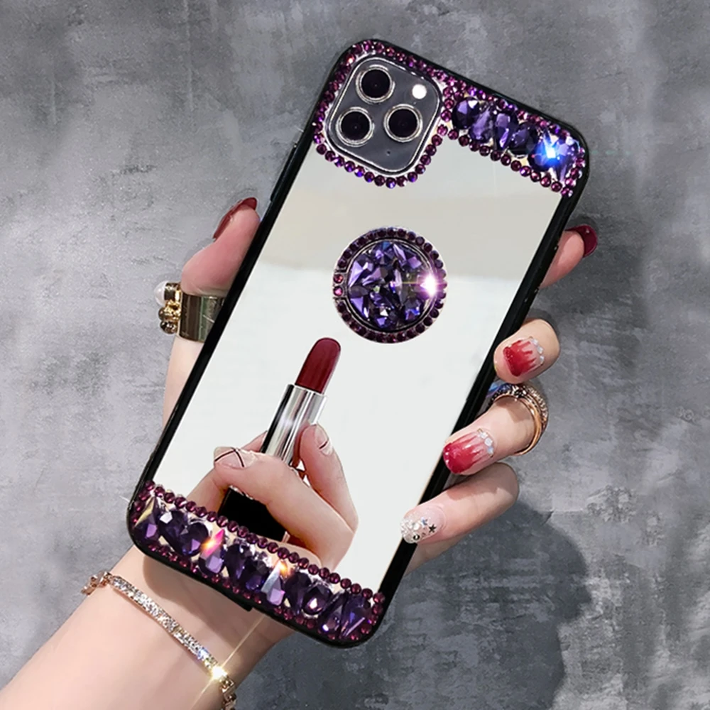 Shiny Mirror Diamond Case For iPhone 11 Pro Max Rhinestone Makeup Women Jewelled Finger Ring Crystal Strap Back Cover | Мобильные