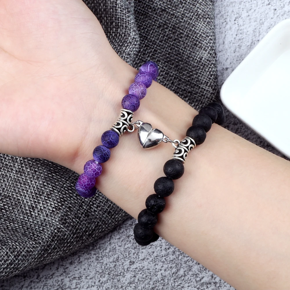 2pcs/set Natural Stone Beads Bracelet for Lovers Heart Magnet